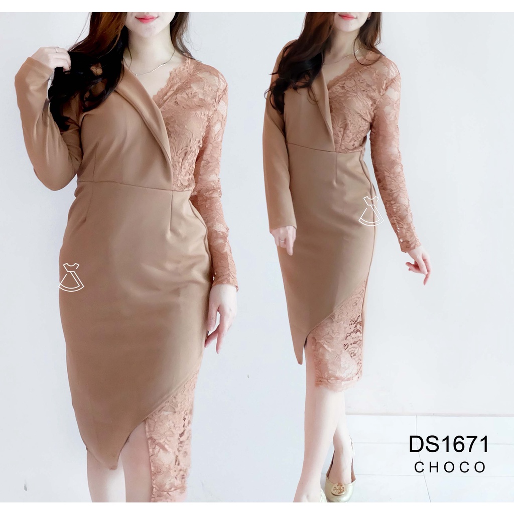 DS1671 - Dress Pesta Brukat Scuba Stretch Korean Style