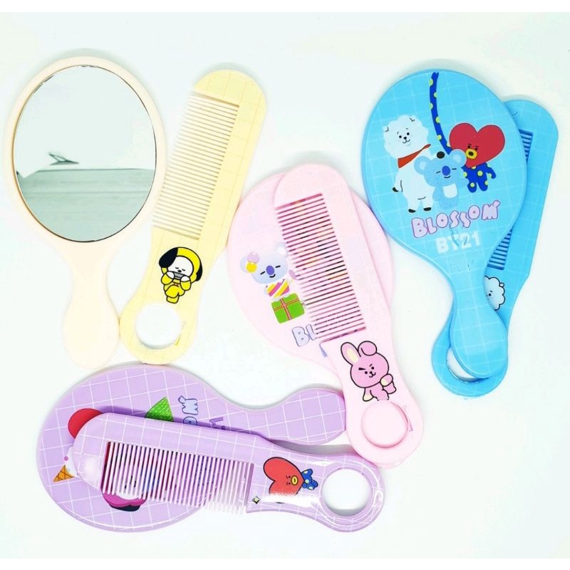 Vinztstore - Cermin Sisir Set Karakter BT21 Sisir Cermin Mini BTS Korean Style Bangtan K-POP