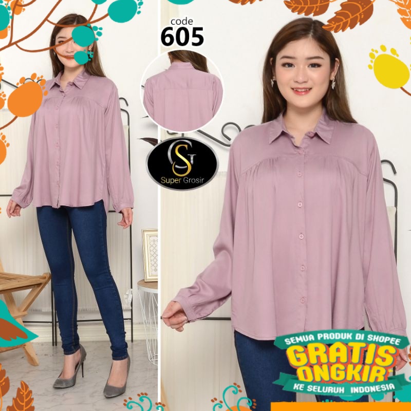 oversize jumbo kotak pink ungu / KEMEJA WANITA / KEMEJA WANITA DADA KERUT KATUN TWILL 30s - 605