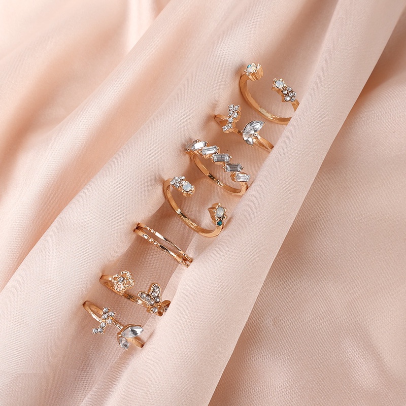 7pcs / Set Cincin Jari Model Terbuka Desain Bunga Kupu-Kupu Geometris Kristal Dapat Disesuaikan Gaya Vintage Untuk Wanita