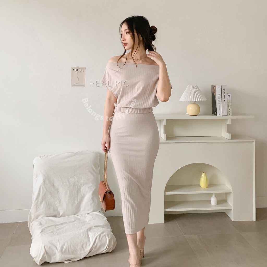 HYERIES Sihyeon set / Atasan Casual Wanita Korea Sabrina One Shoulder / Off Shoulder Top / Blouse Wanita / Sabrina top / Rok highwaist skirt / Rok span / Dress kondangan / Skirt Bodycon dress / Simple dress korea / Sabrina dress polos / Rok kerja