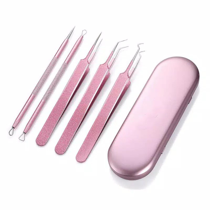 Pinset Jerawat Komedo Set Bahan Stainless Steel Kualitas Tinggi Pink