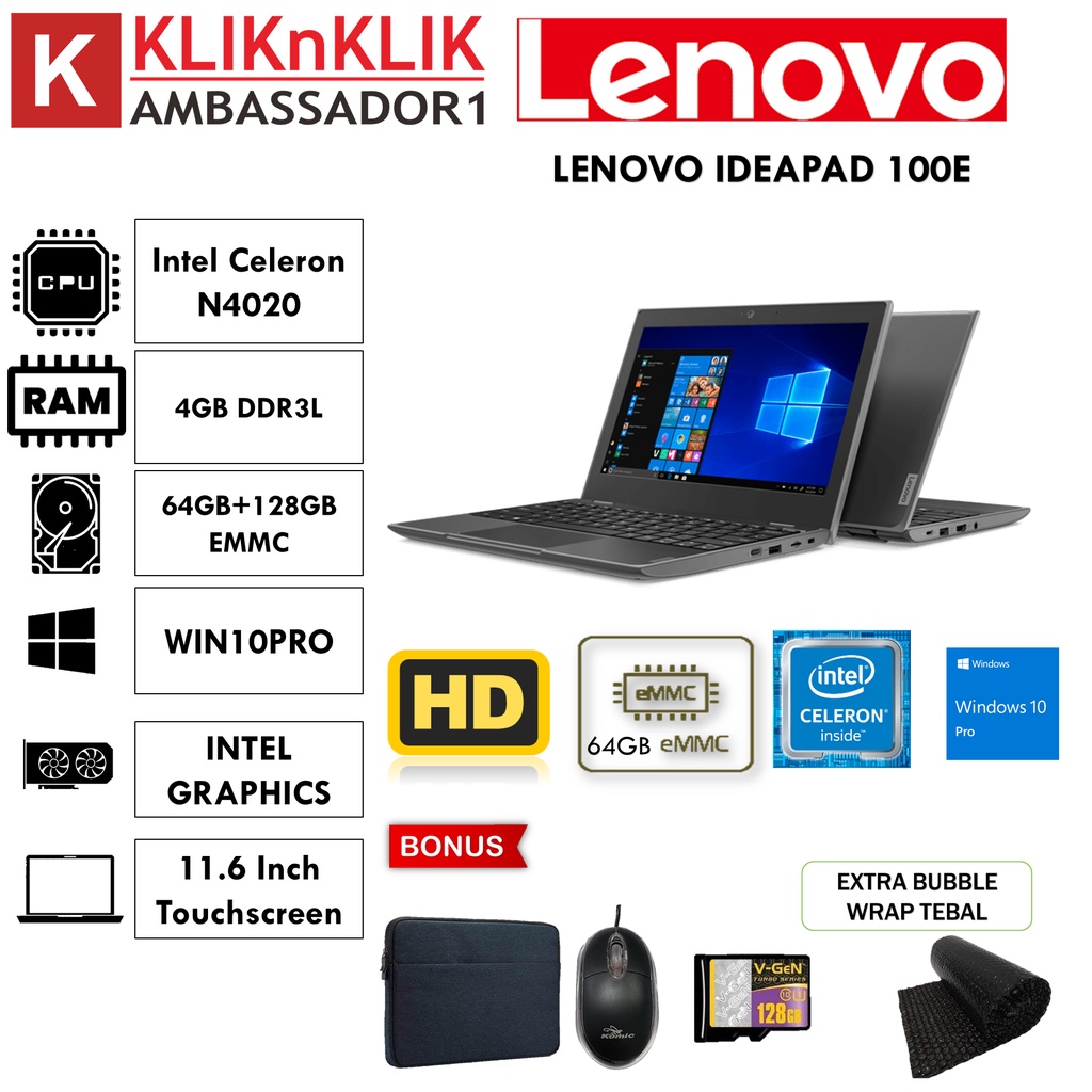 LAPTOP MURAH LENOVO IDEAPAD 100E N4000 192GB RAM 4GB WINDOWS 10PRO