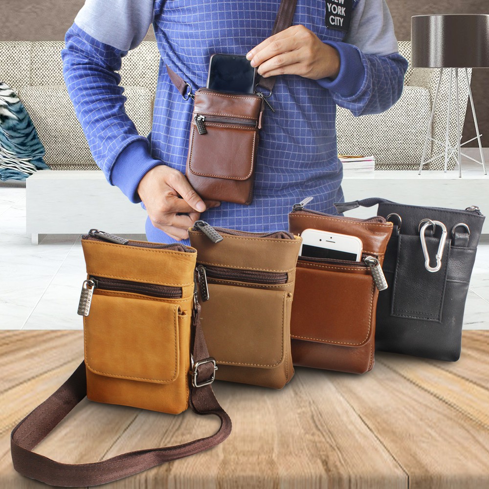 tas pinggang pria WAIST BAG Double Triple = Gantung + Tas Pinggang gadget HP KULIT SAPI ASLI P041