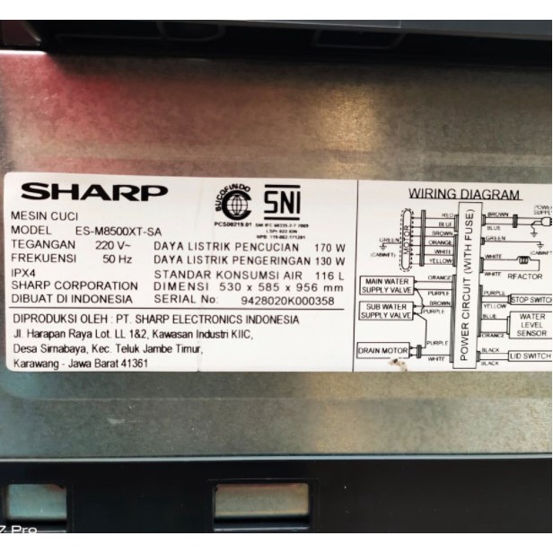 SHARP Mesin Cuci 1 Tabung 8,5Kg Inverter 170 Watt ES-M8500XT 8500XT