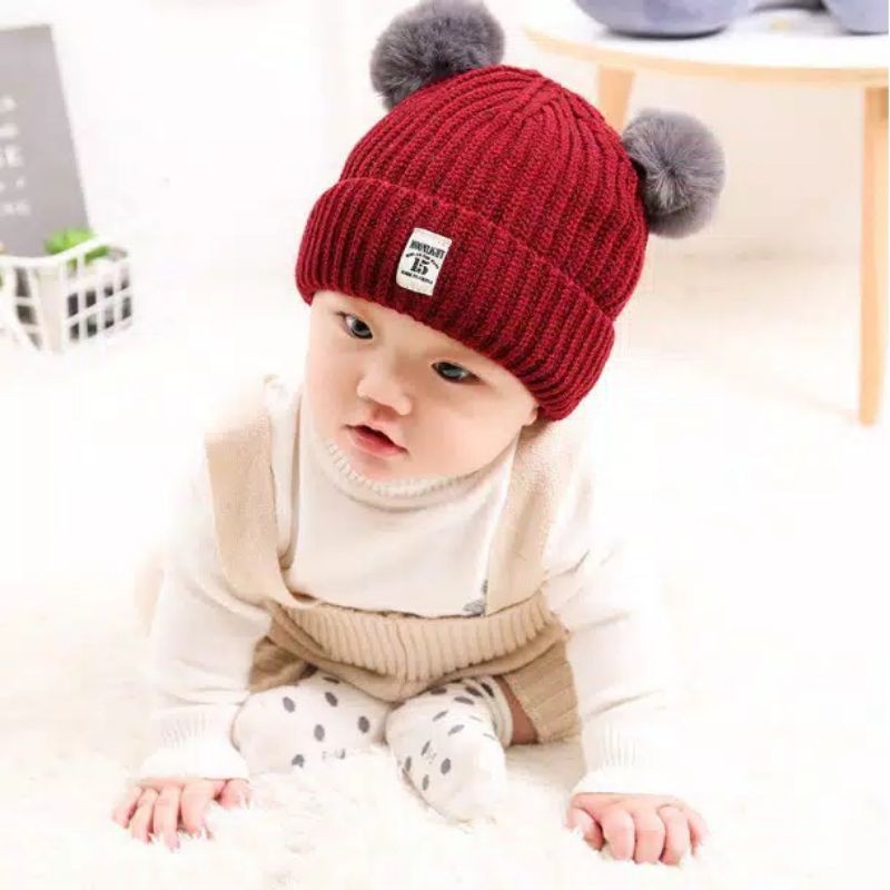 Topi Rajut pom pom bayi rajut bulu anak, Topi kupluk wool hangat bayi