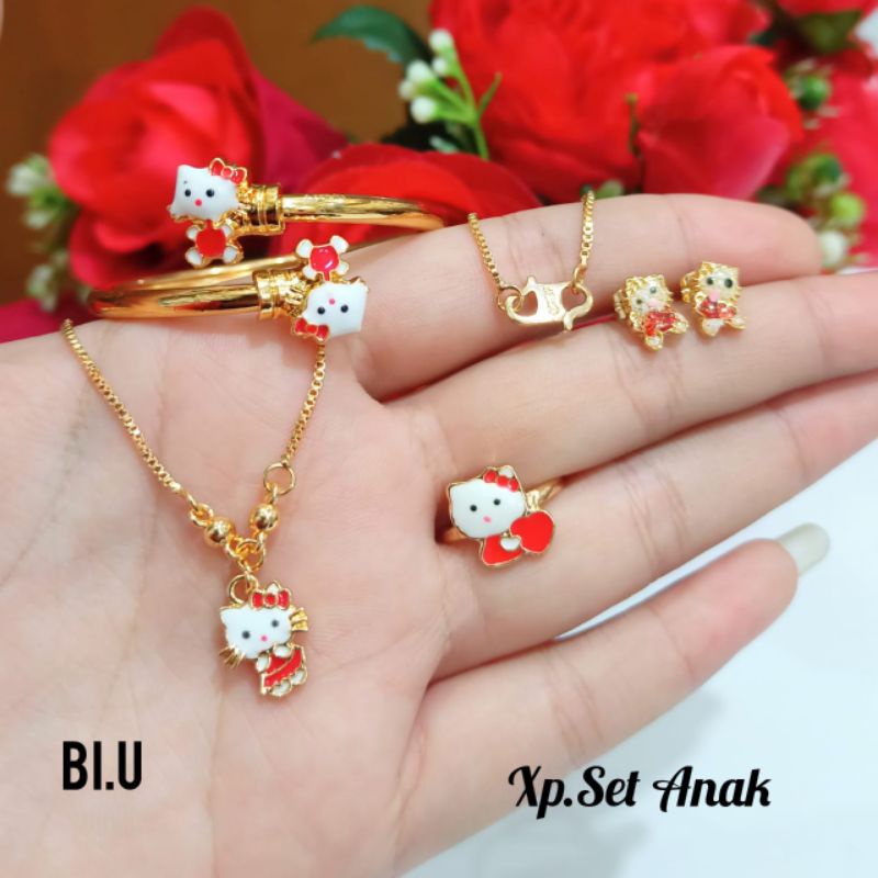 Set perhiasan Anak Karakter Hello Kitty Gold,tidak karat,termurah *COD*