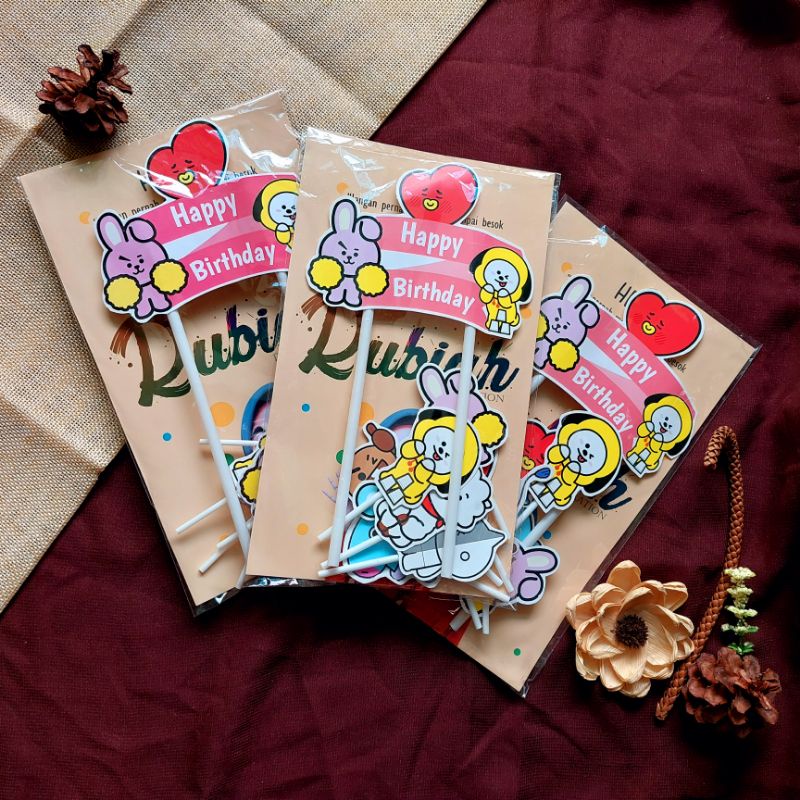 Cake Topper Karakter BT21 Love Happy Birthday 1 set/ Hiasan Tusukan Kue Tart Ulang Tahun Anak