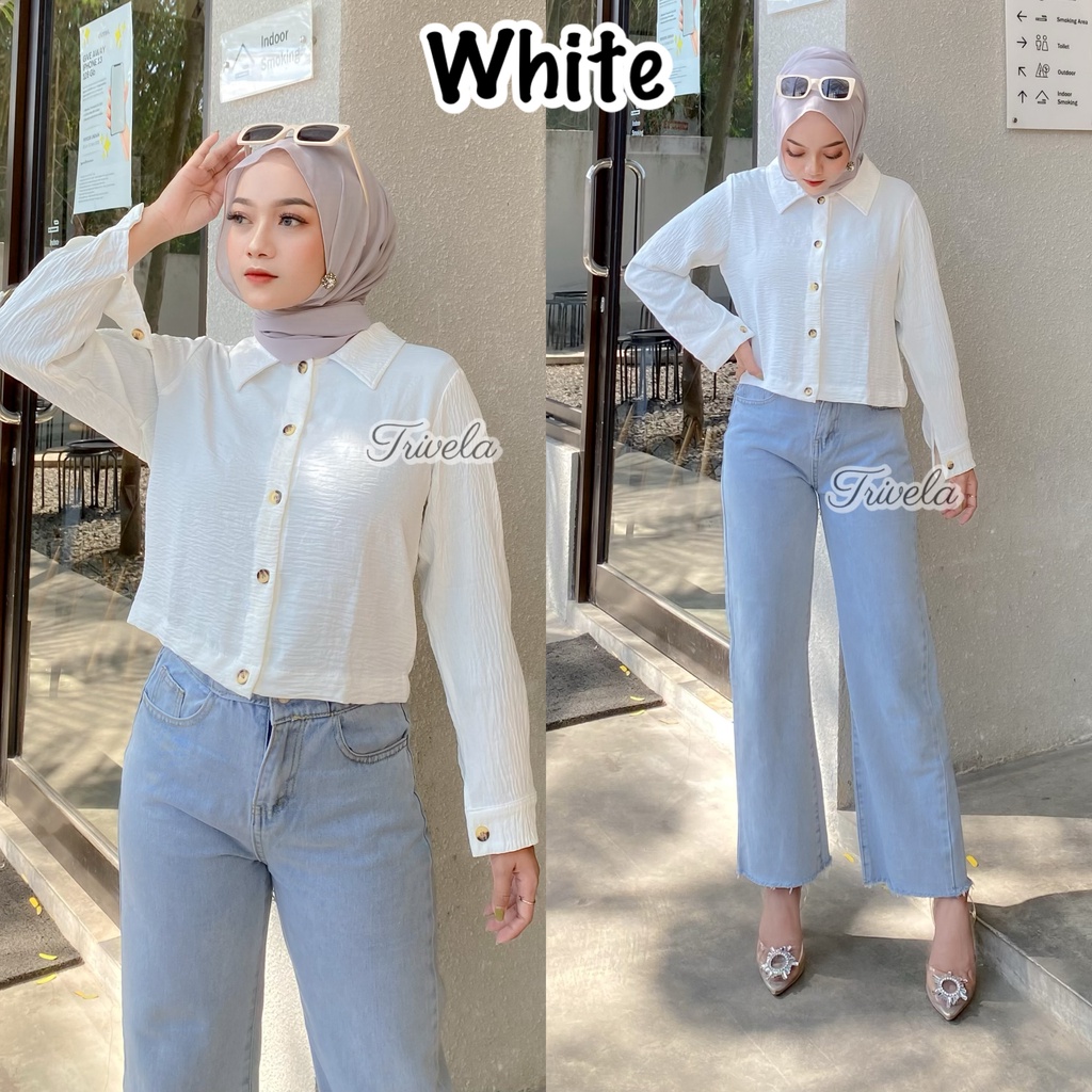 TRIVELA - Hanin Crop Crinkle / Kemeja Crop Cringkel Wanita Premium/ Kemeja Anti Kusut / SJJ