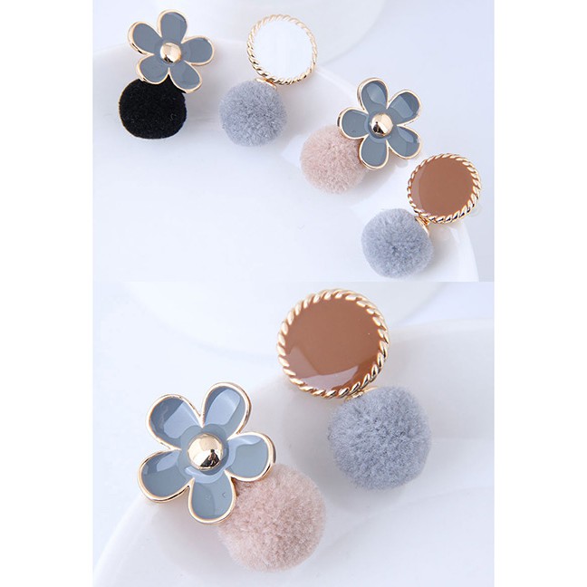 LRC Anting Tusuk Fashion Flower Shape Decorated Pom Earrings