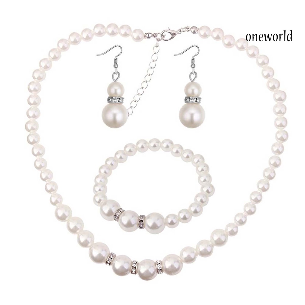 OW@ 3Pcs Elegant Women Faux Pearl Necklace Hook Earrings Bracelet Wedding Jewelry Gift