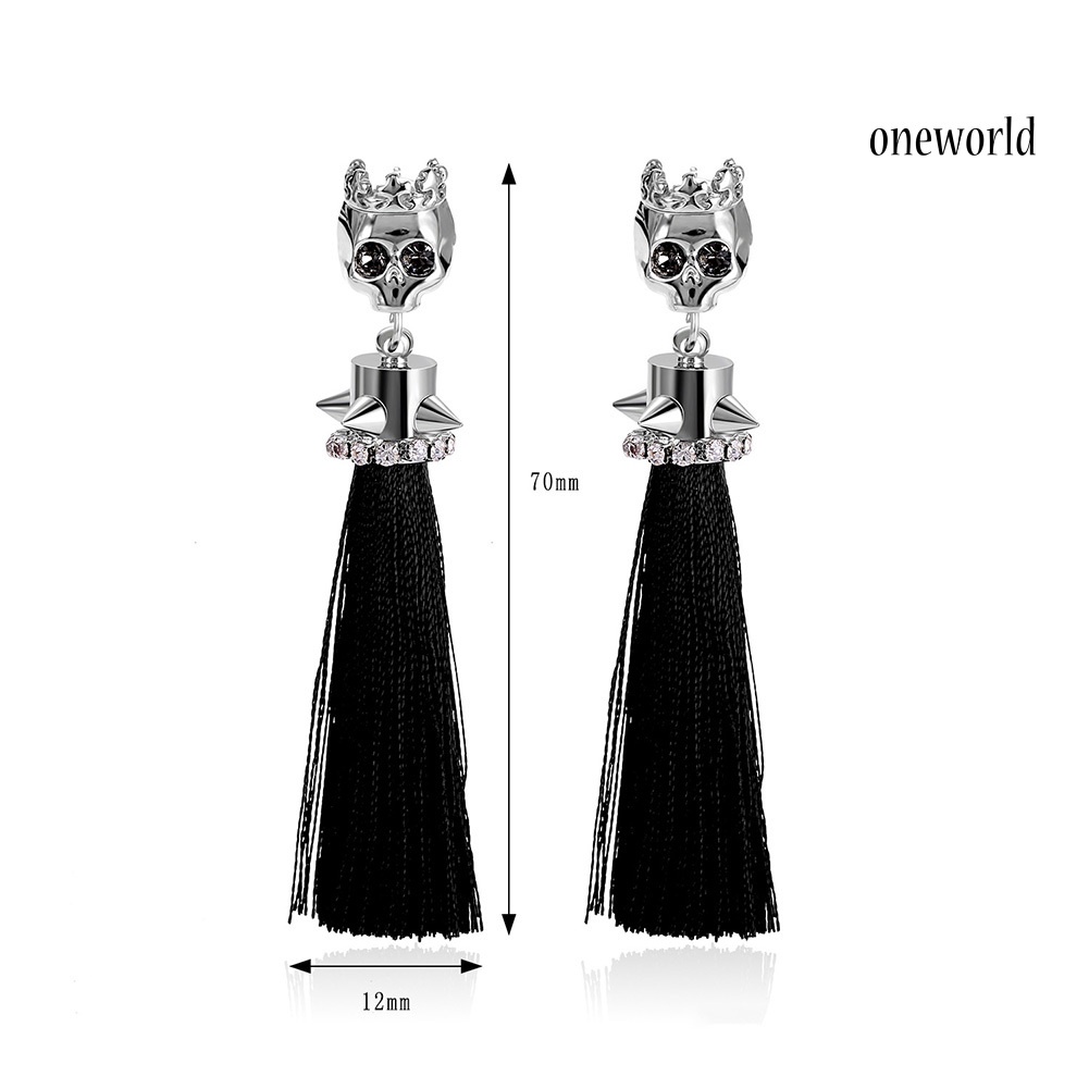 OW@ Women's Fashion Plated Alloy Zircon Skull Shape Tassels Dangle Earrings Jewelry
