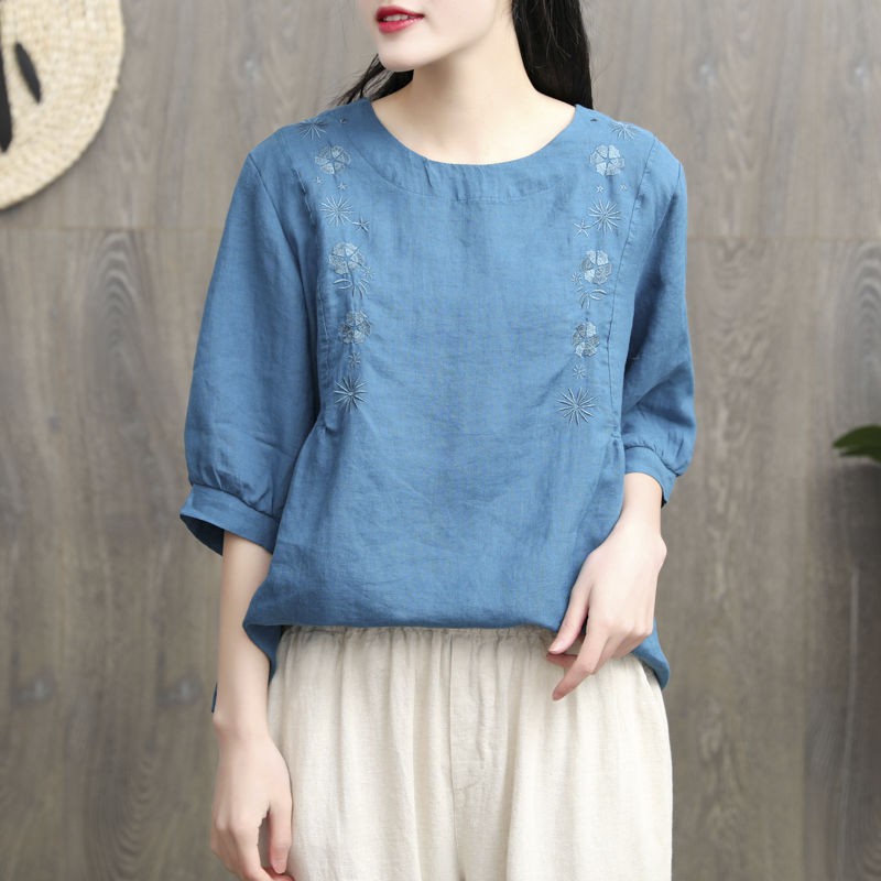 Blus Bordir Katun Linen Wanita Musim Panas 3/4 Lengan