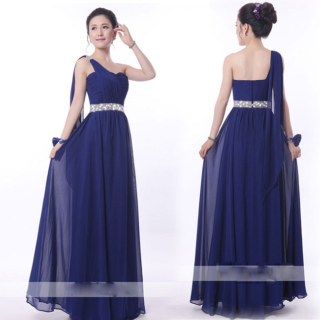 Gaun pesta longdress navy blue model 1 tangan dan hiasan manik di pinggang