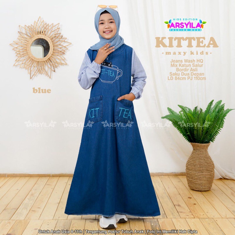 Kittea Dress Maxi Gamis Kids Anak Cewe Jeans Bordir Asli Mix Salur Ld84 Usia 8-11Th By Arsyila