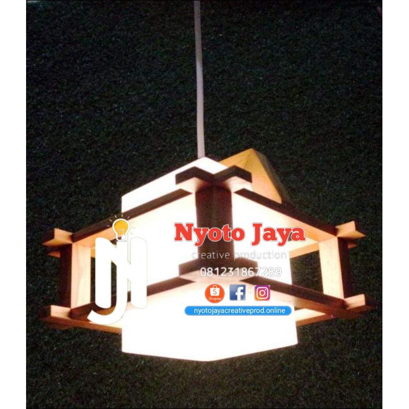 Lampu Gantung Hias Minimalis kap kayu kombinasi acrilik