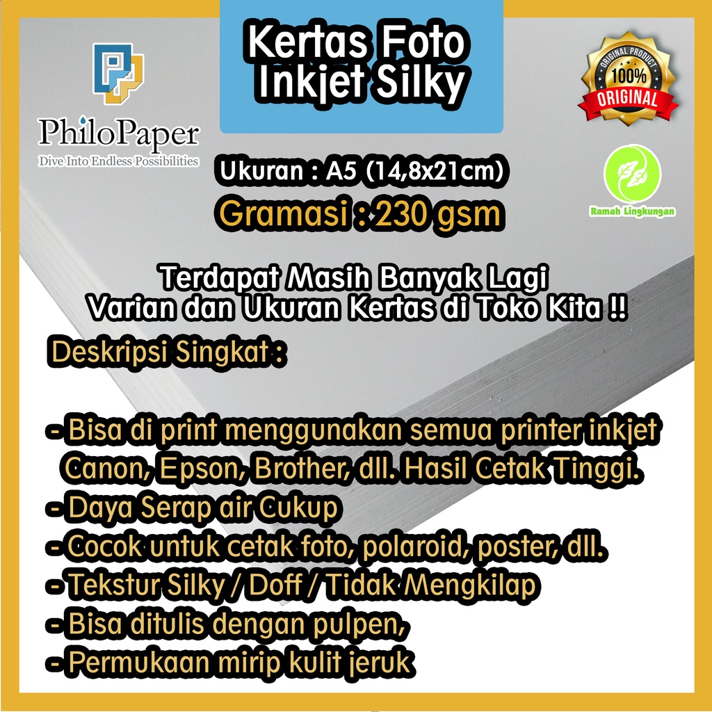 

Kertas Foto Doff / Silki Inkjet 230 Gsm A5