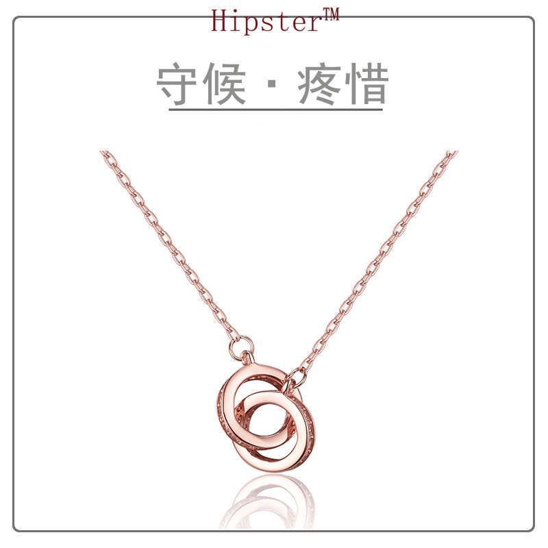 INS Style Simple Advanced Ring Buckle Double Ring Full Diamond Pendant Necklace