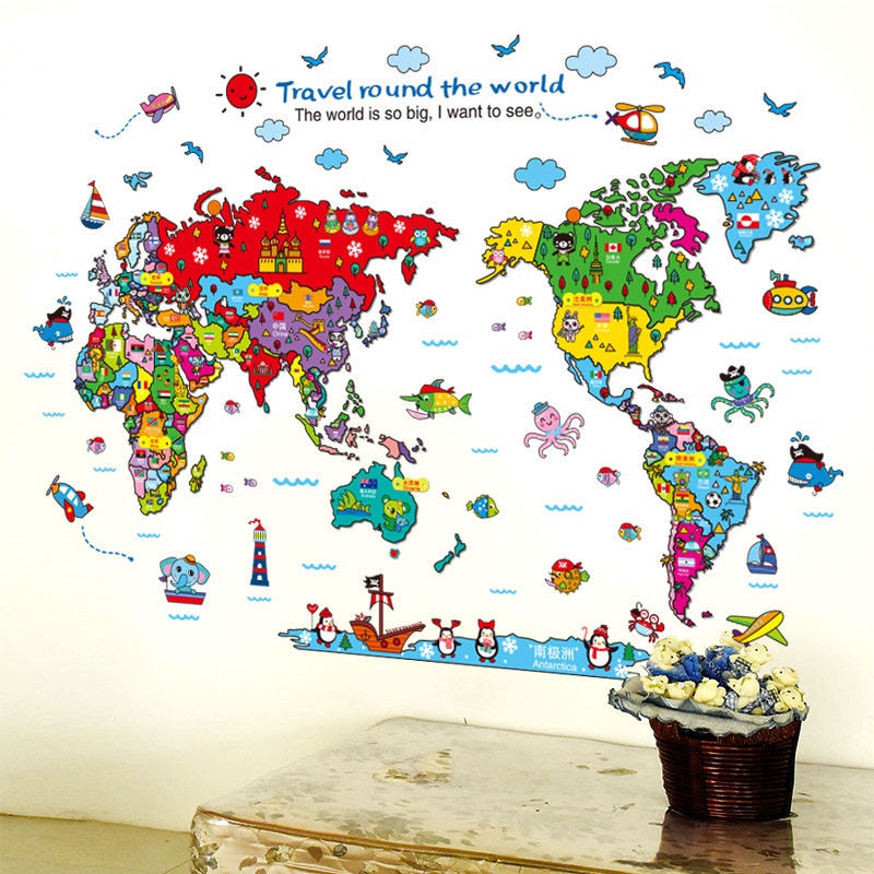 Colorful Cartoon Animal World Map Wall Stickers Modern Art Vinyl Decal Wall Mural