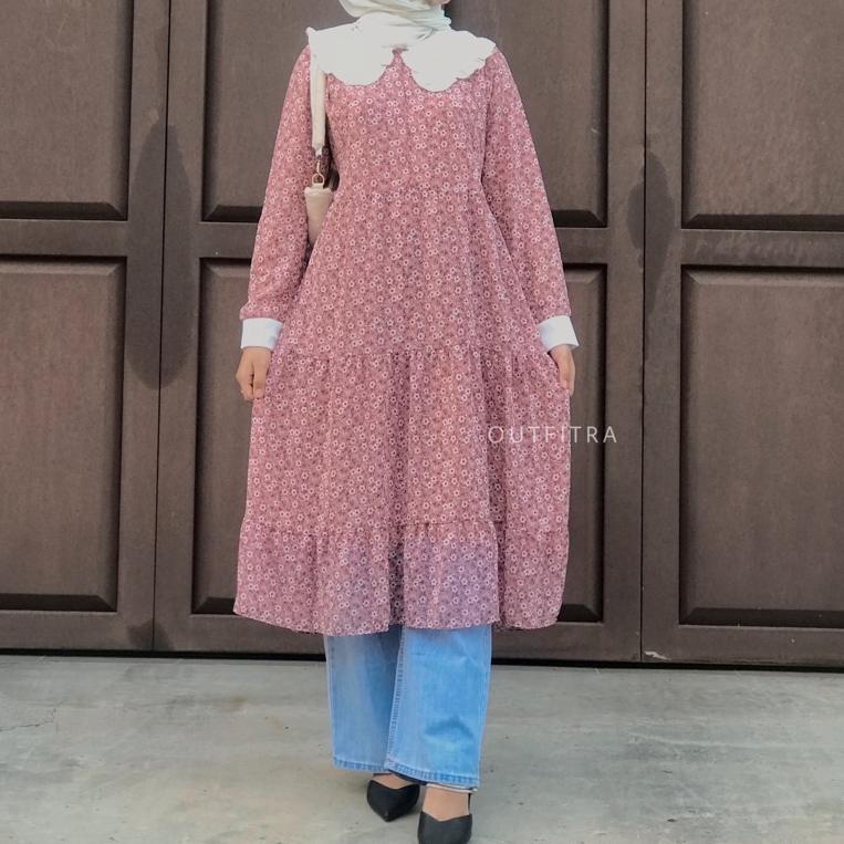 D1A0 [RESTOCK] Tunik Ceruty Babydoll motif bunga busui friendly - Midi Dress ceruti kembang - fashio