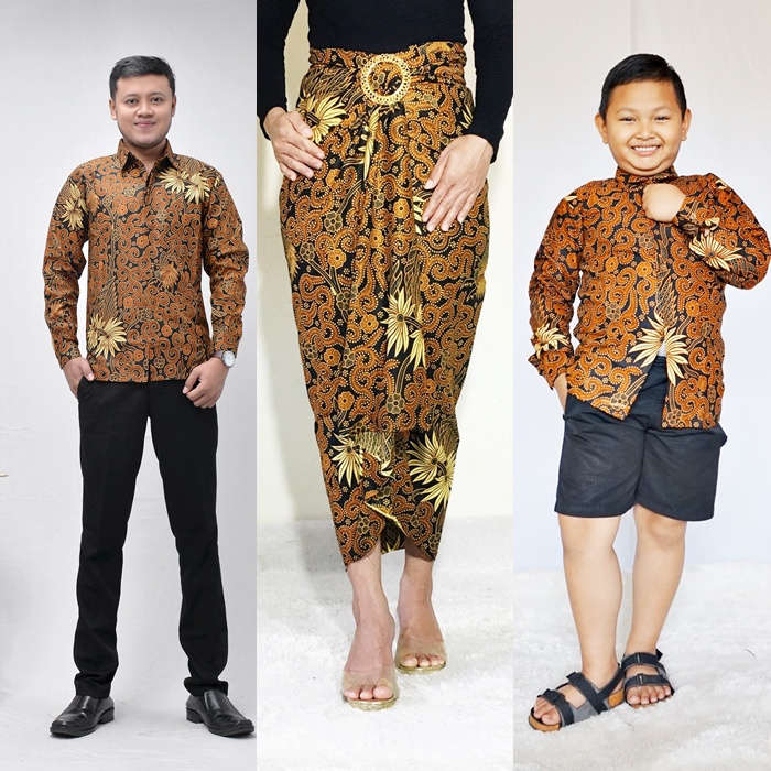 Batik Couple Ayah Ibu Anak Laki Ibu Rok Lilit Ayah dan Anak Laki 1-14 Tahun Kemeja Lengan Pendek dan