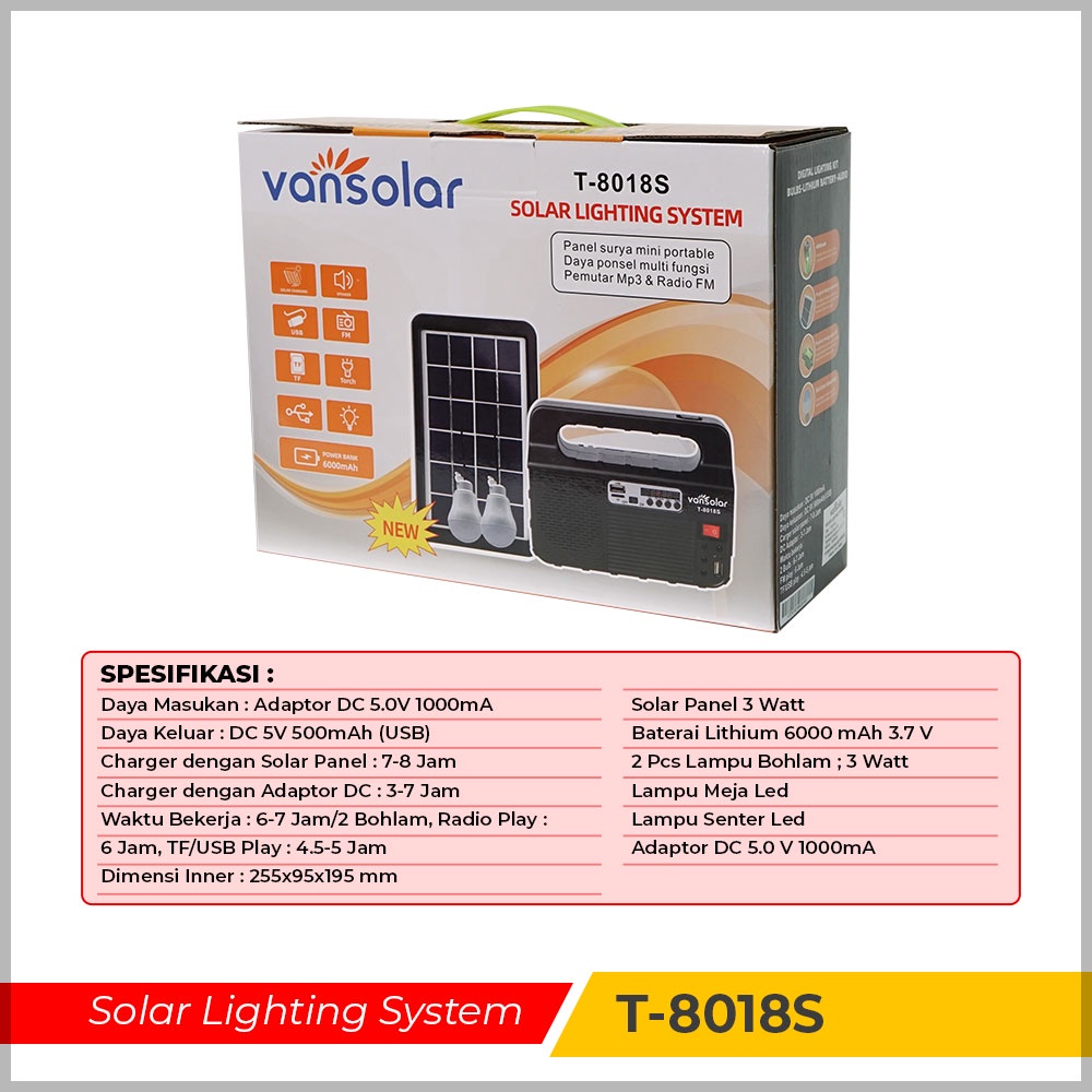 Advance Digitals Vansolar T-8018S Lampu tenaga Surya dan Speaker / Alat Camping Serba Guna / Lampu Camping / Speaker Powerbank I Hitam