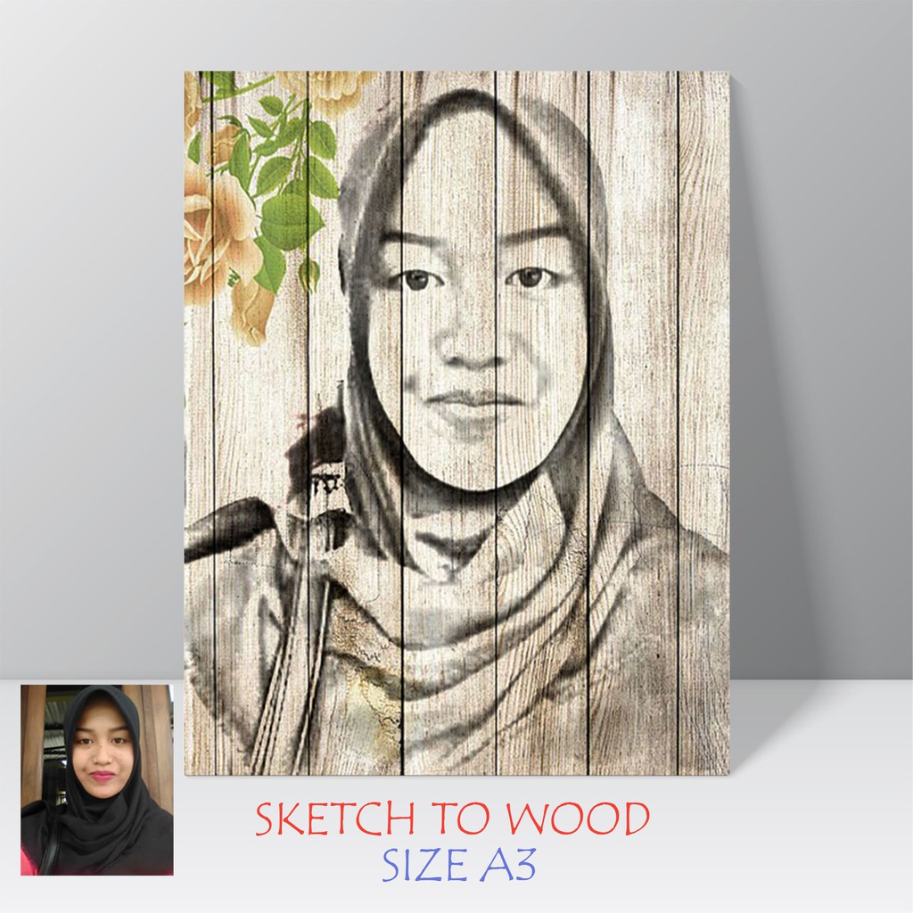 Sketsa Foto Custom Poster Kayu Ukuran Jumbo Ilustrasi Hitam Putih