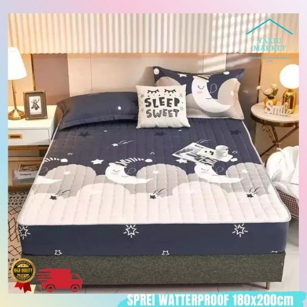 Sprei Waterproof / Sprei Protector bermotif / Sprei anti air ukuran 180x200CM SPREI WATERPROOF-BIRU BULAN
