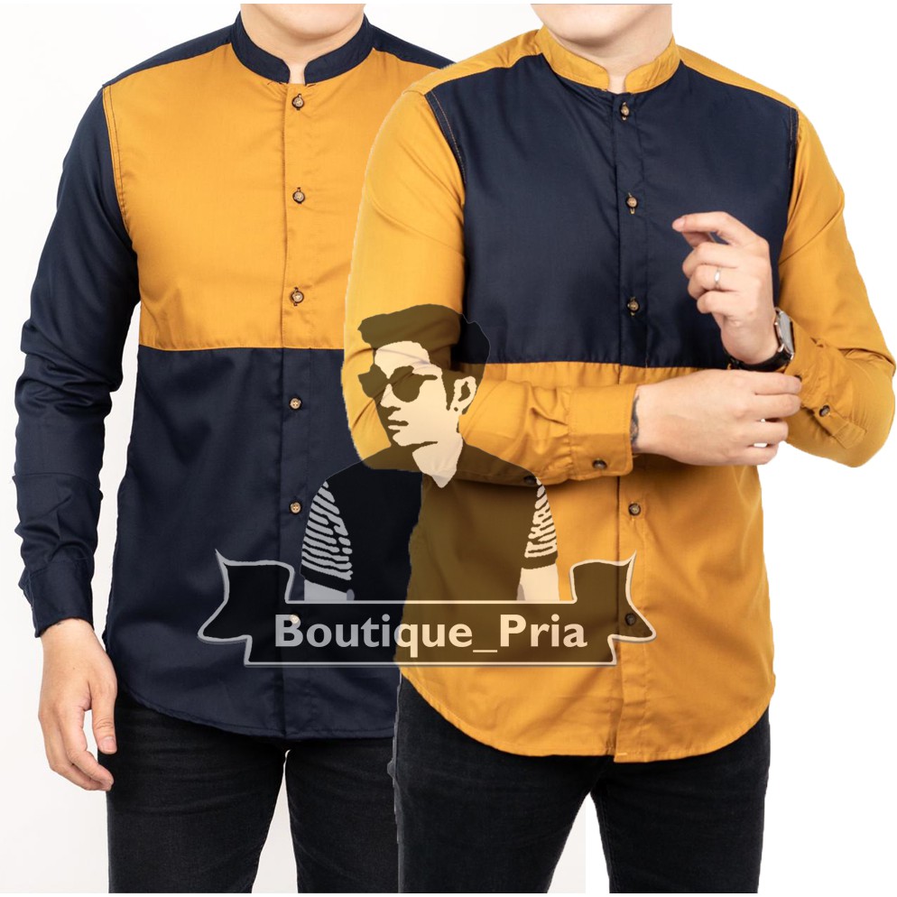 7990 7991 Baju dua warna polos kuning kunyit biru tua-kemeja Slimfit Long Shanghai Navy Half Mustard
