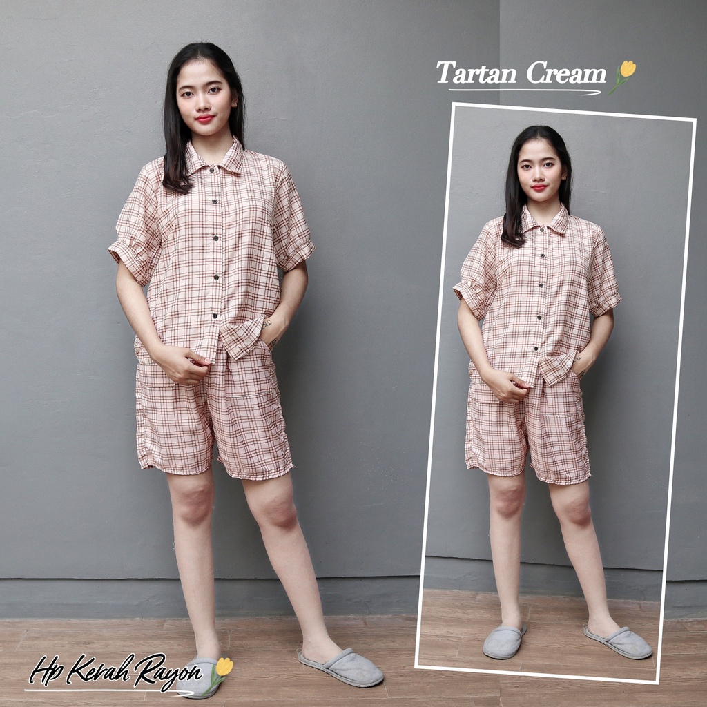 IZANY Piyama Dewasa Hotpant Lengan Balon / HP / Set Celana Pendek Dewasa banyak varian RAYON-TARTAN CREAM RA