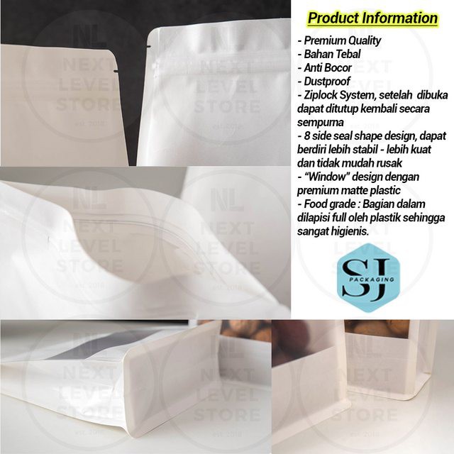 Standing Pouch 14x24+6cm White 8 Seal Shape Kraft Paper Ziplock