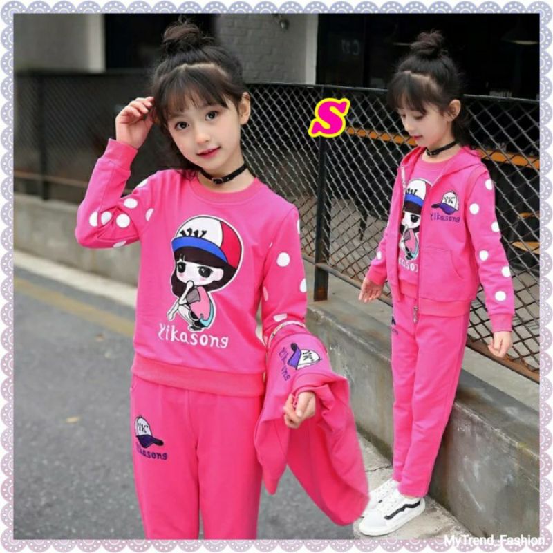 Setelan Baju anak Perempuan Usia 4 5 6 7 8 9 Tahun-Set Kaos Anak 3in1 New-Celana Olahraga Anak Cewek