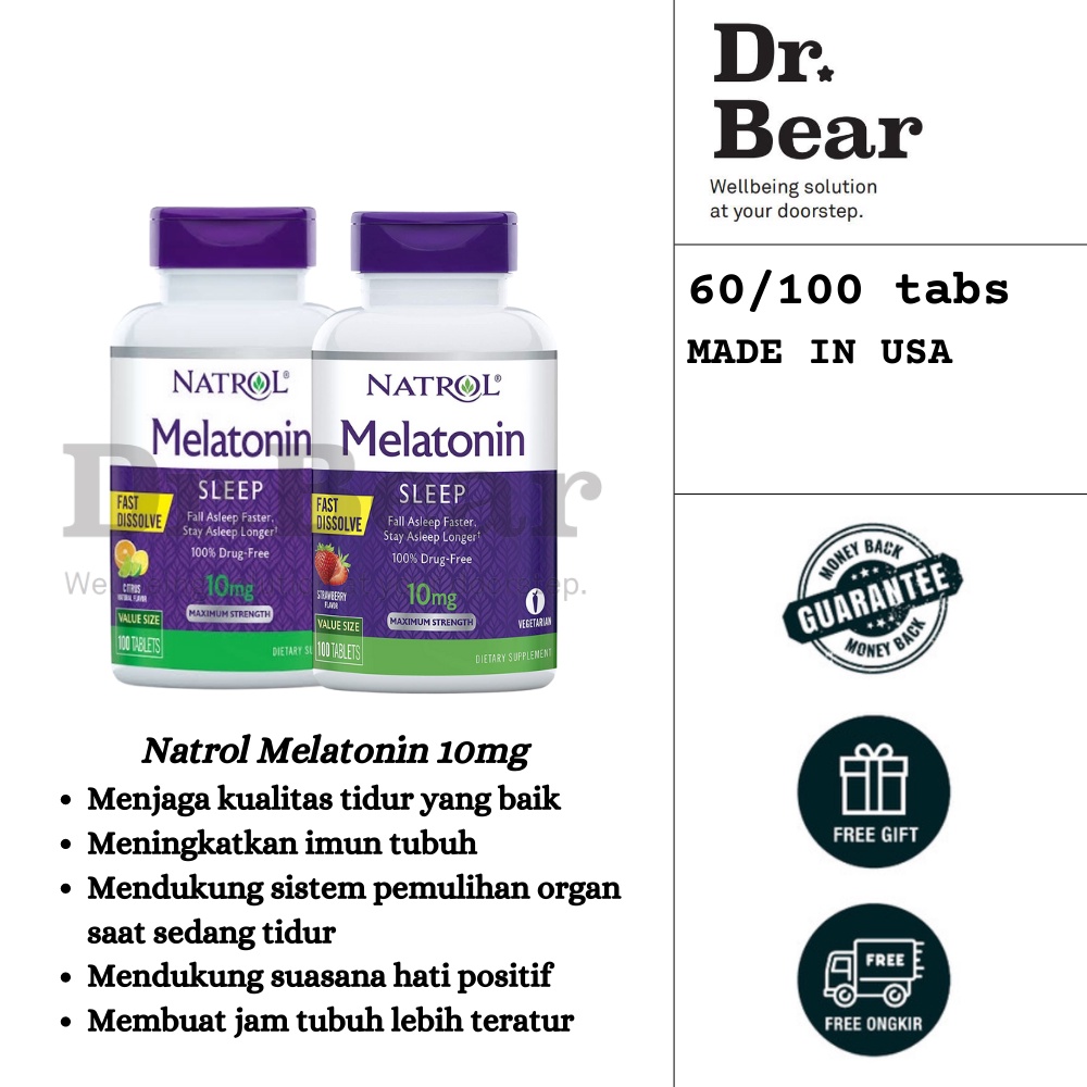 Natrol Melatonin 10 Mg Fast Dissolve strawberry - 100Tabs / Tidur Nyenyak/ Insomnia/ Gelisah/ Cemas/
