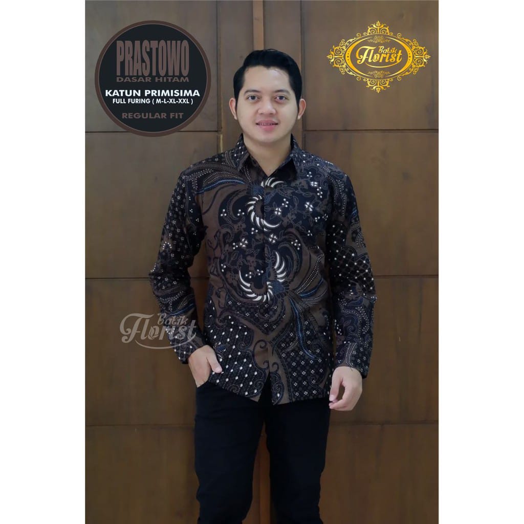 PRASTOWO Atasan Baju Kemeja Batik Lengan Panjang Premium Ekslusif Seragam Kantor Dasar Hitam COklat Ori Solo