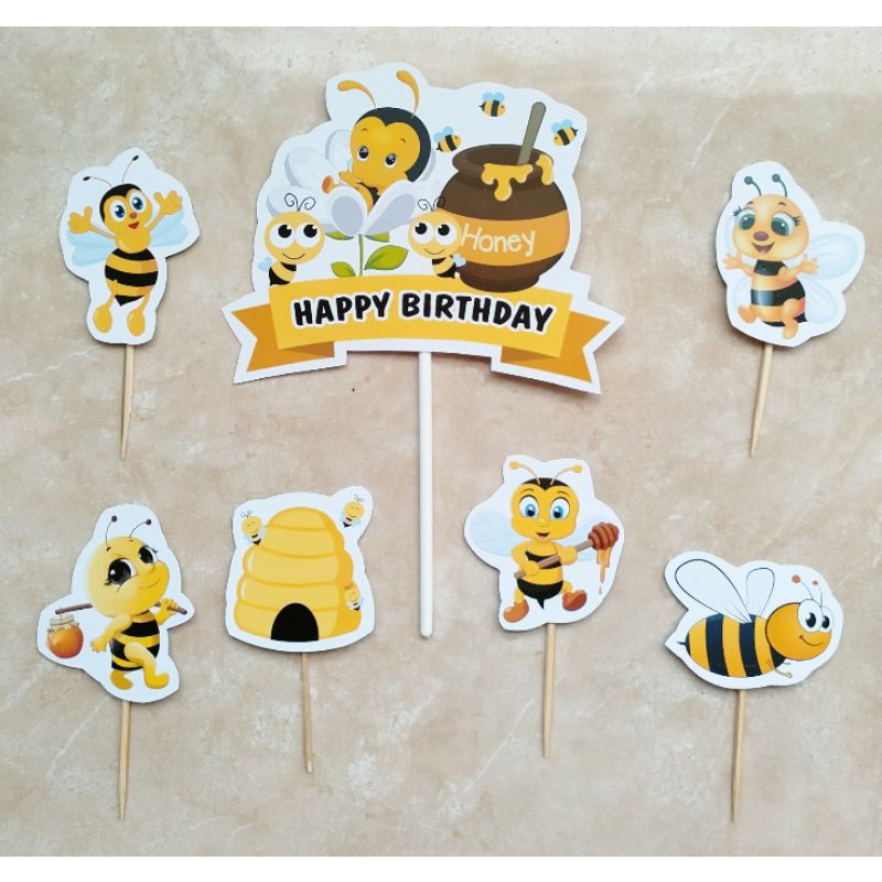 isi 7 hiasan kue ulang tahun cake topper karakter lebah madu honey bee