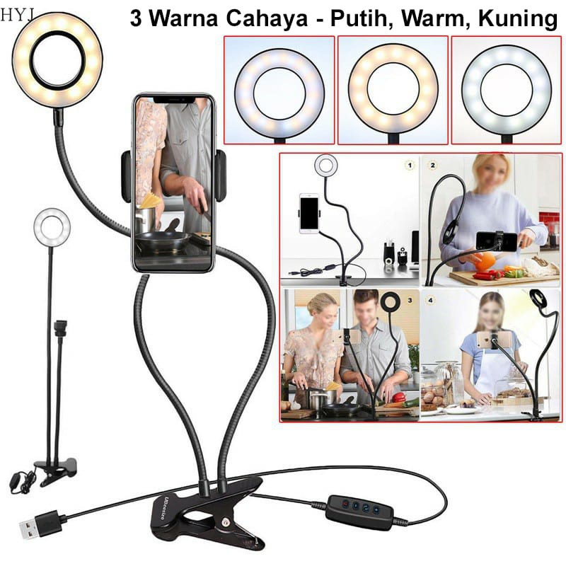 Ringlight Lazypod Jepit hp 3in1 / Lampu selfie Ringlight LED mini HP - Putih Hitam