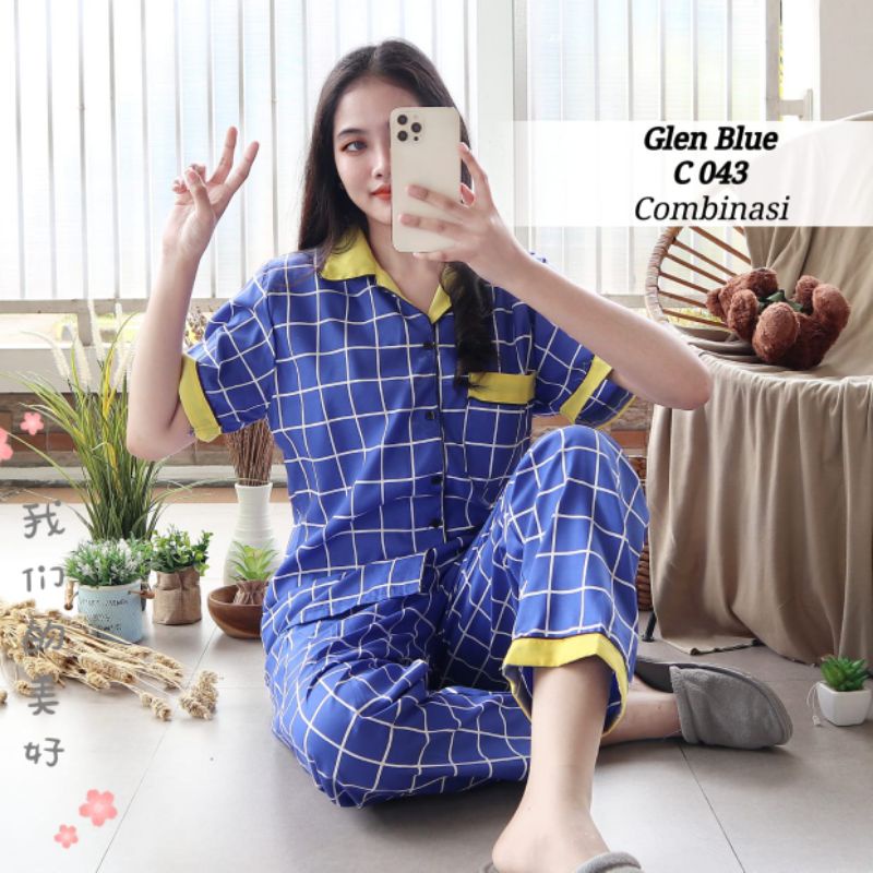 Baju Tidur Piyama Wanita Dewasa Piyama Baju Santai Motif Bunga-Kotak Biru Kuning