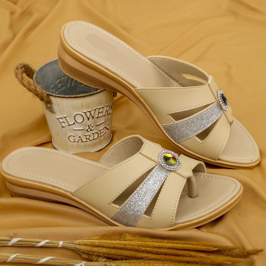 Sandal Wanita Cream Selop Branded Sendal Flat Kasual Pesta Ibu Ibu Cewe Simple Nyaman & Ringan SCT.1