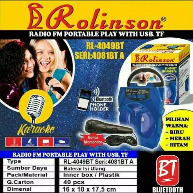 SPEAKER BLUETOOTH KARAOKE BONUS MIC ROLINSON RL- 4049BT / B + FREE 1 MASKER