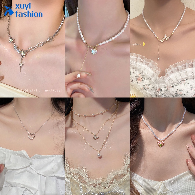 Kalung Rantai Choker Hias Liontin Kupu-Kupu Mutiara Kristal Untuk Wanita