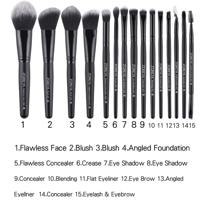 Zoreya Brush Make Up 15 Set dengan Pouch - ZZ15 - Black