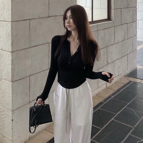 #Sisjuly# kaos kancing setengah terbuka wanita yang melar kemeja bottoming jari