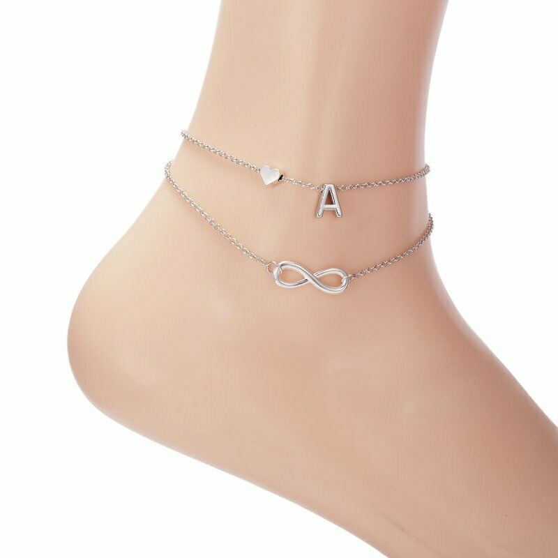 Gelang Kaki Rantai Multi Layer Desain Hati Infinity Inisial Huruf Warna Silver Untuk Wanita