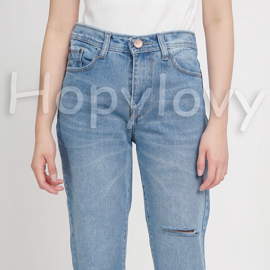 HOPYLOVY Celana Boyfriend Jeans Wanita Highwaist Jeans Sobek Unfinished Mirlanda