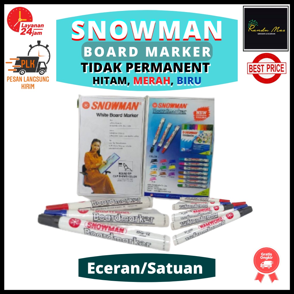 Spidol Whiteboard Snowman Board Marker Warna Tidak Permanen BG-12 Original Japan