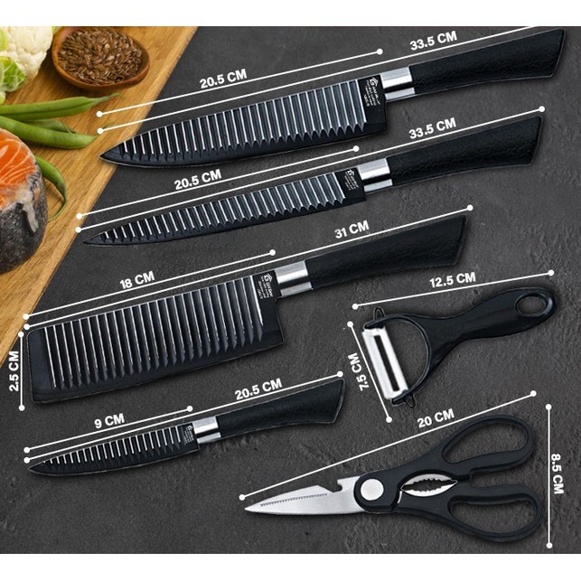 Pisau Dapur Set isi 6pcs Kitchen Black Knife Set Pisau tajam/ hadiah/ kemasan kotak hadiah