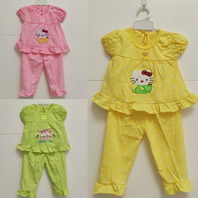 Helo kity Setelan baju tidur lengan pendek celana panjang babydoll anak bayi