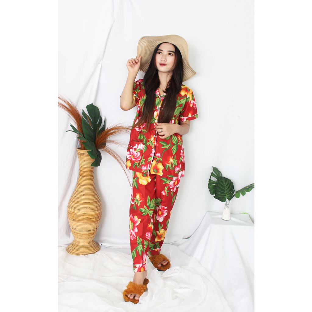 OKHISHOP - CP1 Piyama Pajamas CP Baju Tidur Piyama Wanita Dewasa Setelan CP Motif Trendy Karakter Kotak Guilen-CP Flower Maron