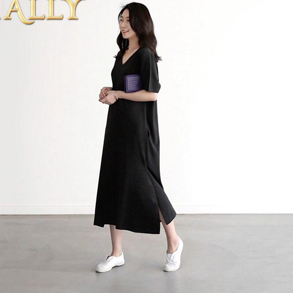 MALL TALLY Dress Wanita Bahan Katun Daster Baju Tidur Piyama Kekinian Polos Dress V Polos D-02 gas 