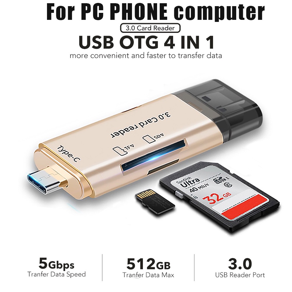 Actual 4 in 1 Card Reader High-Speed Smart 3.0 Metal Type C / Micro USB / SD Card / TF Memory Card Read OTG Adapter Image 2
